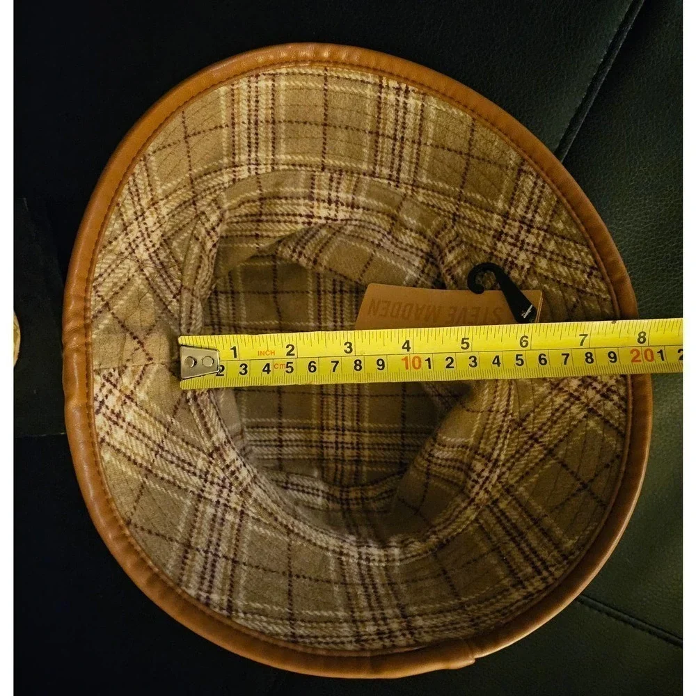NWT Steve Madden Reversible Bucket Hat Plaid Tan Brown FauxLeather Trim One Size